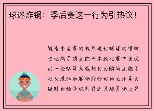 球迷炸锅：季后赛这一行为引热议！